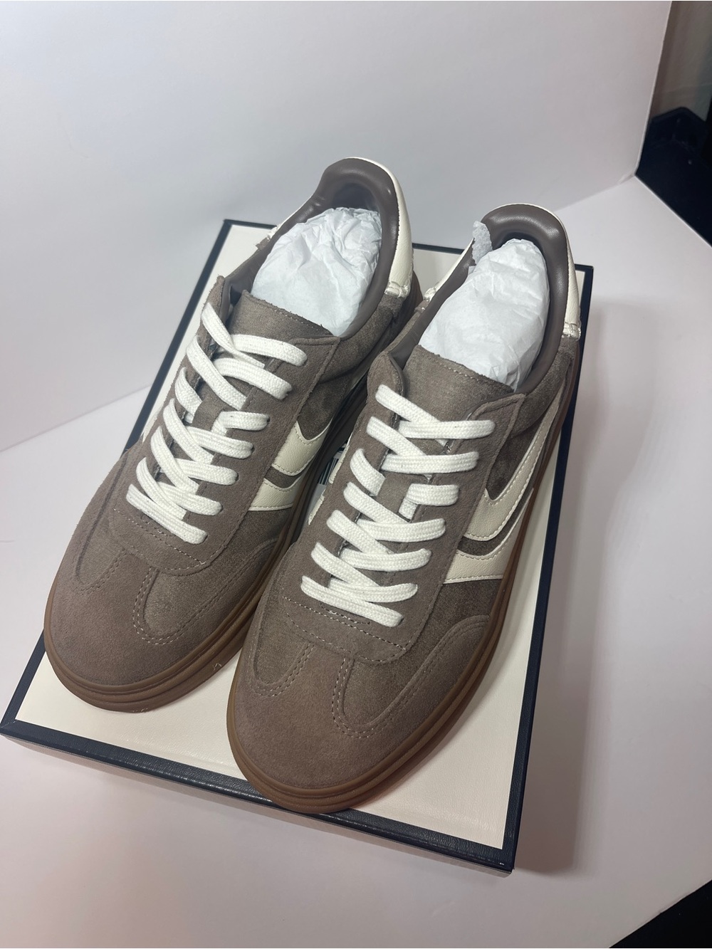 Steve Madden Dodge Espresso Taupe Suede Sneakers with White Stripes. - Picture 3 of 7